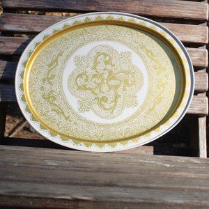 Vintage Gold White Moroccan Medallion Metal Tin Tea Tray Serving Platter Decor